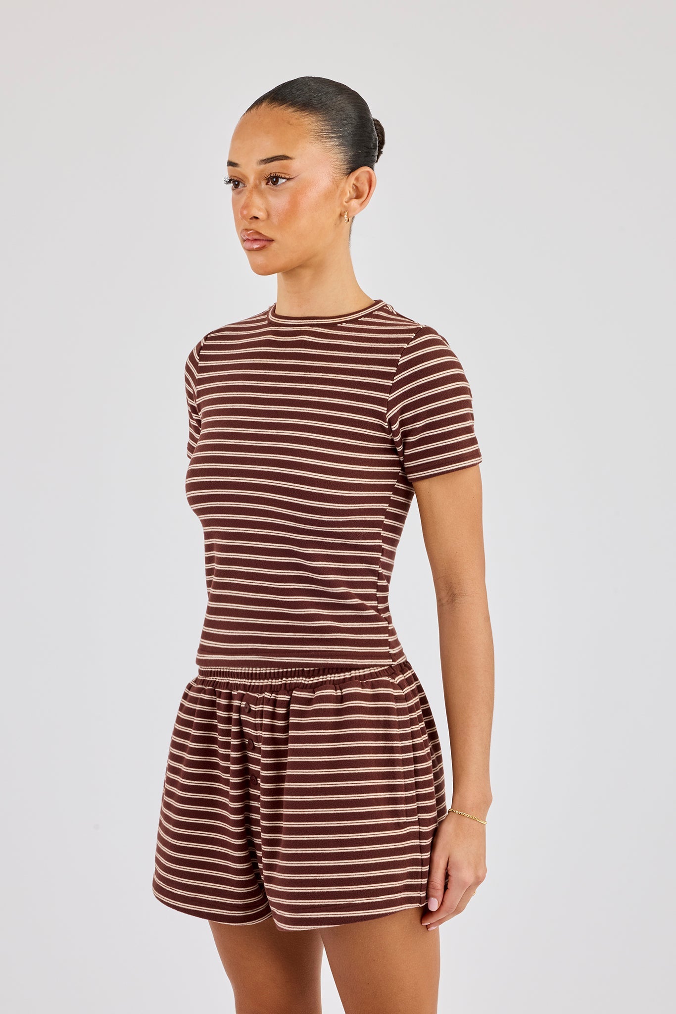 Soft Touch Double Stripe Short Sleeve Top - Chocolate